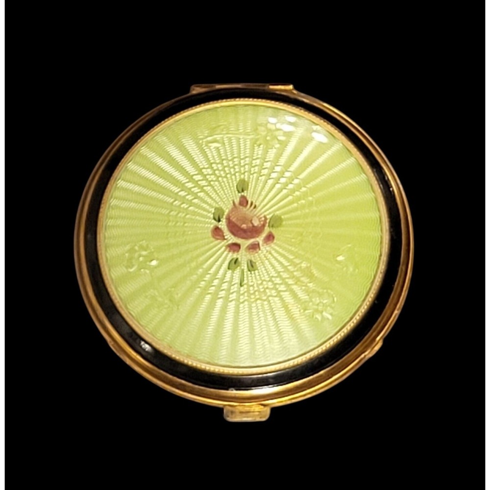 Antique Green Guilloche Enamel Compact Vintage Art Deco Floral Vanity Accessory